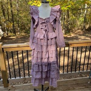 JESSAKAE Whimsy dress Pink Plaid Size Large Bow Front Ruffles Modest Cottagecore